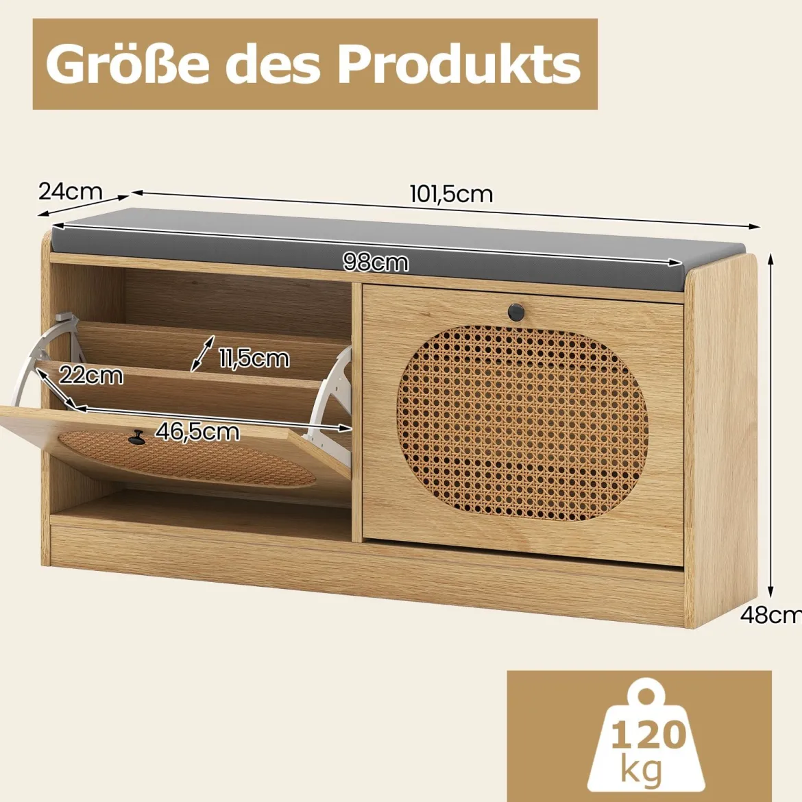 Rattan Schuhbank mit 2 Klappen & Verstellbaren Regalen & Gepolsterter Sitzfläche Schuhschrank