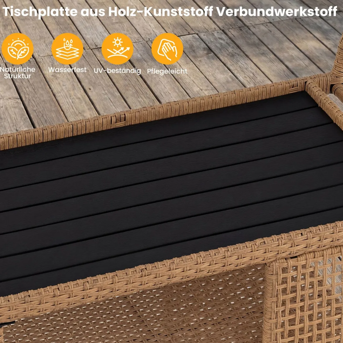 Rattan Servierwagen mit Rollen & Arbeitsplatte & Offenen Ablagen & Seitlichem Griff Küchenwagen