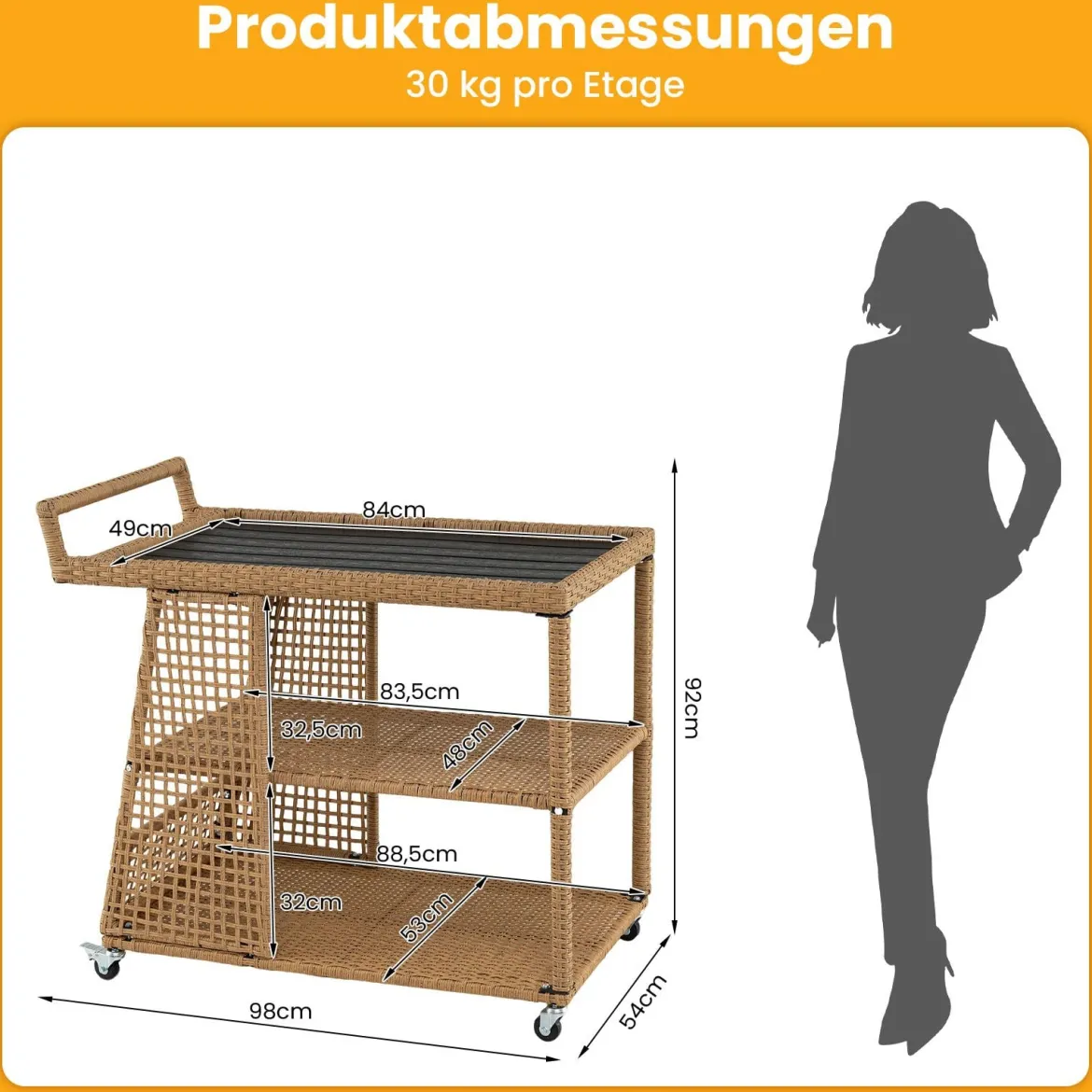 Rattan Servierwagen mit Rollen & Arbeitsplatte & Offenen Ablagen & Seitlichem Griff Küchenwagen