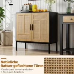Rattan Sideboard mit 3-Fach Verstellbarem Regal & 2 Türen Boho Buffet Akzentschrank Schwarz