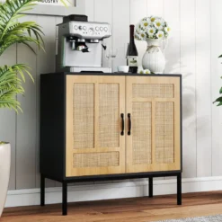 Rattan Sideboard mit 3-Fach Verstellbarem Regal & 2 Türen Boho Buffet Akzentschrank Schwarz