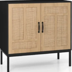 Rattan Sideboard mit 3-Fach Verstellbarem Regal & 2 Türen Boho Buffet Akzentschrank Schwarz