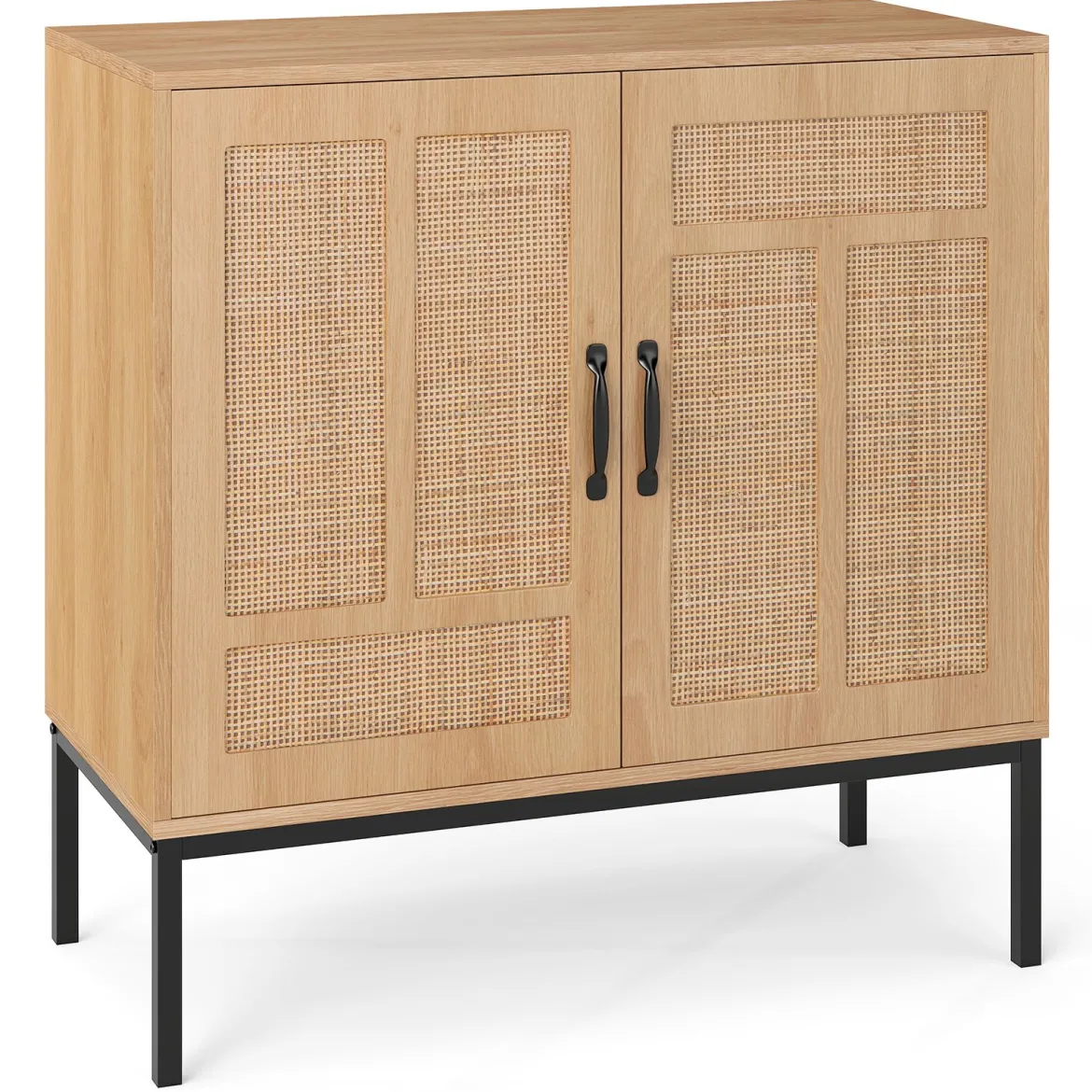 Rattan Sideboard mit 3-Fach Verstellbarem Regal & 2 Türen Boho Buffet Akzentschrank Natur