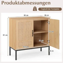 Rattan Sideboard mit 3-Fach Verstellbarem Regal & 2 Türen Boho Buffet Akzentschrank Natur