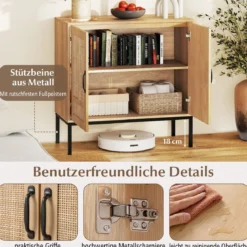 Rattan Sideboard mit 3-Fach Verstellbarem Regal & 2 Türen Boho Buffet Akzentschrank Natur