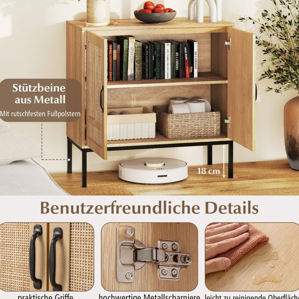 Rattan Sideboard mit 3-Fach Verstellbarem Regal & 2 Türen Boho Buffet Akzentschrank Natur