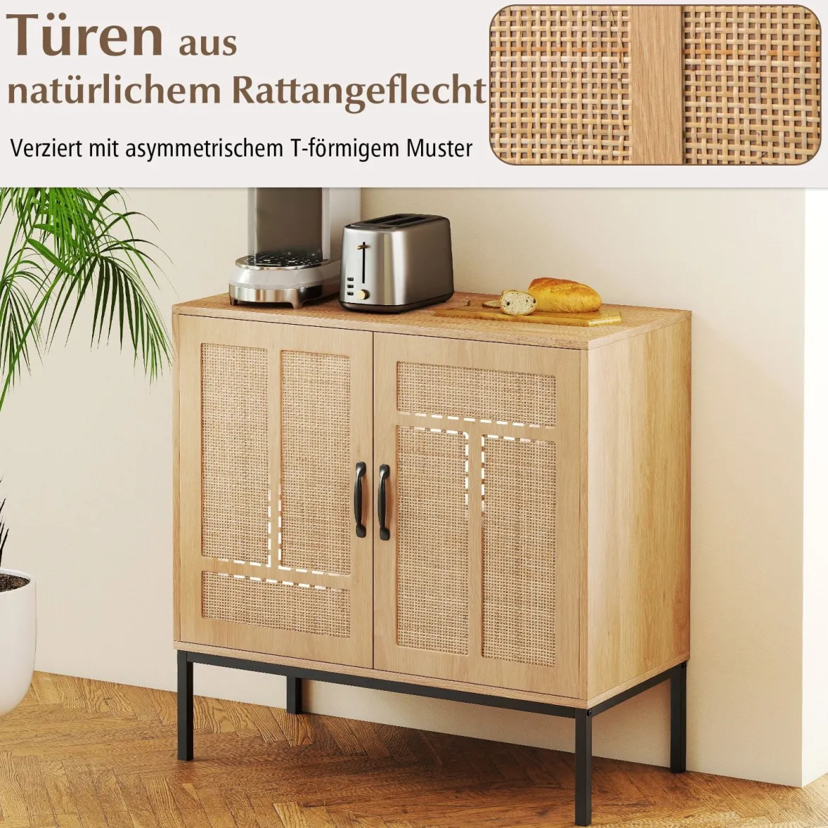 Rattan Sideboard mit 3-Fach Verstellbarem Regal & 2 Türen Boho Buffet Akzentschrank Natur