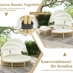 Rattan Sonneninsel Rundes Tagesbett mit Beistelltisch einziehbarem Baldachin und Kissen