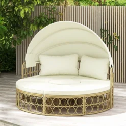 Rattan Sonneninsel Rundes Tagesbett mit Beistelltisch einziehbarem Baldachin und Kissen