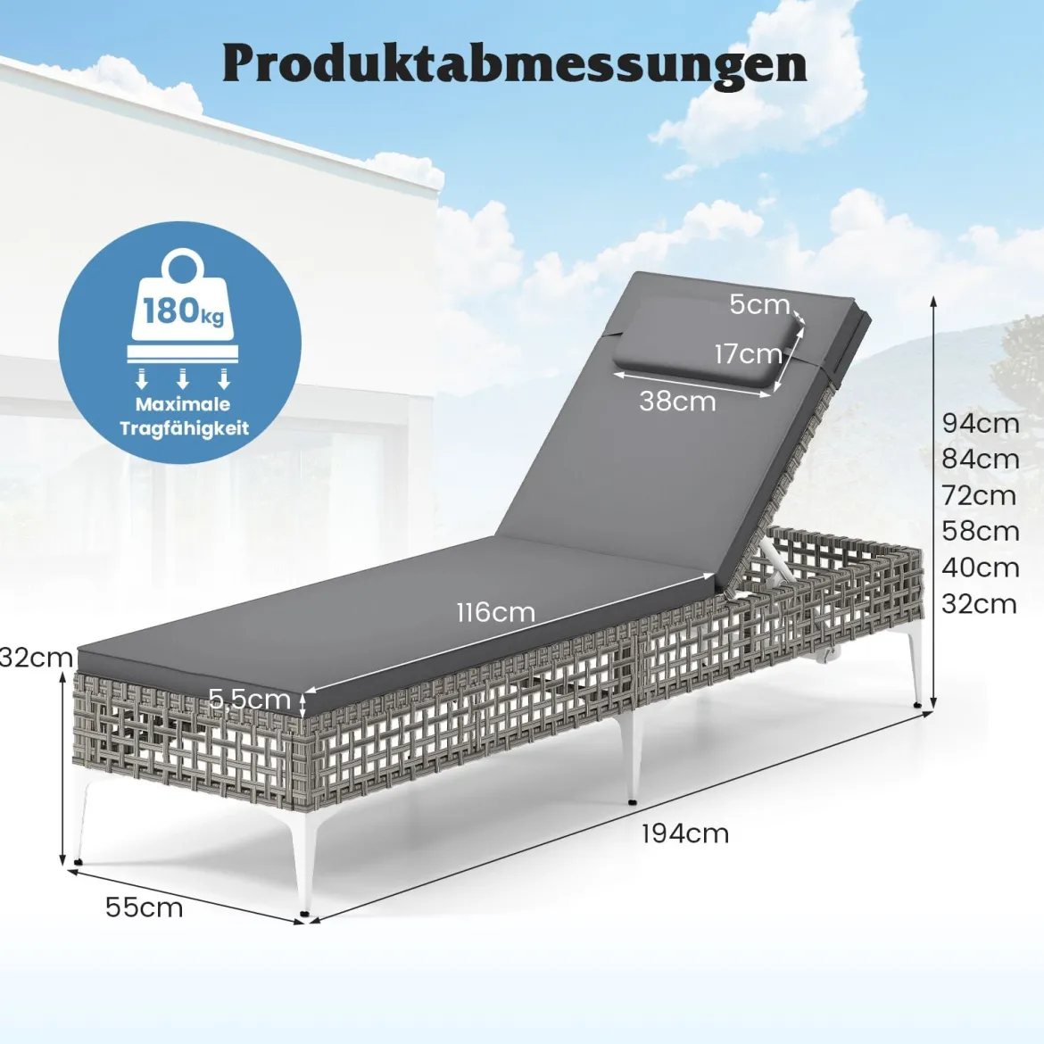 Rattan Sonnenliege Gartenliege mit Auflage & Kopfstütze & Verstellbarer Rückenlehne Balkonliege