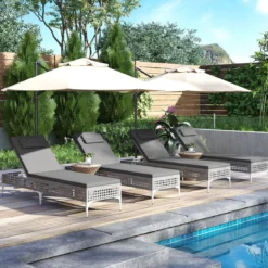 Rattan Sonnenliege Gartenliege mit Auflage & Kopfstütze & Verstellbarer Rückenlehne Balkonliege