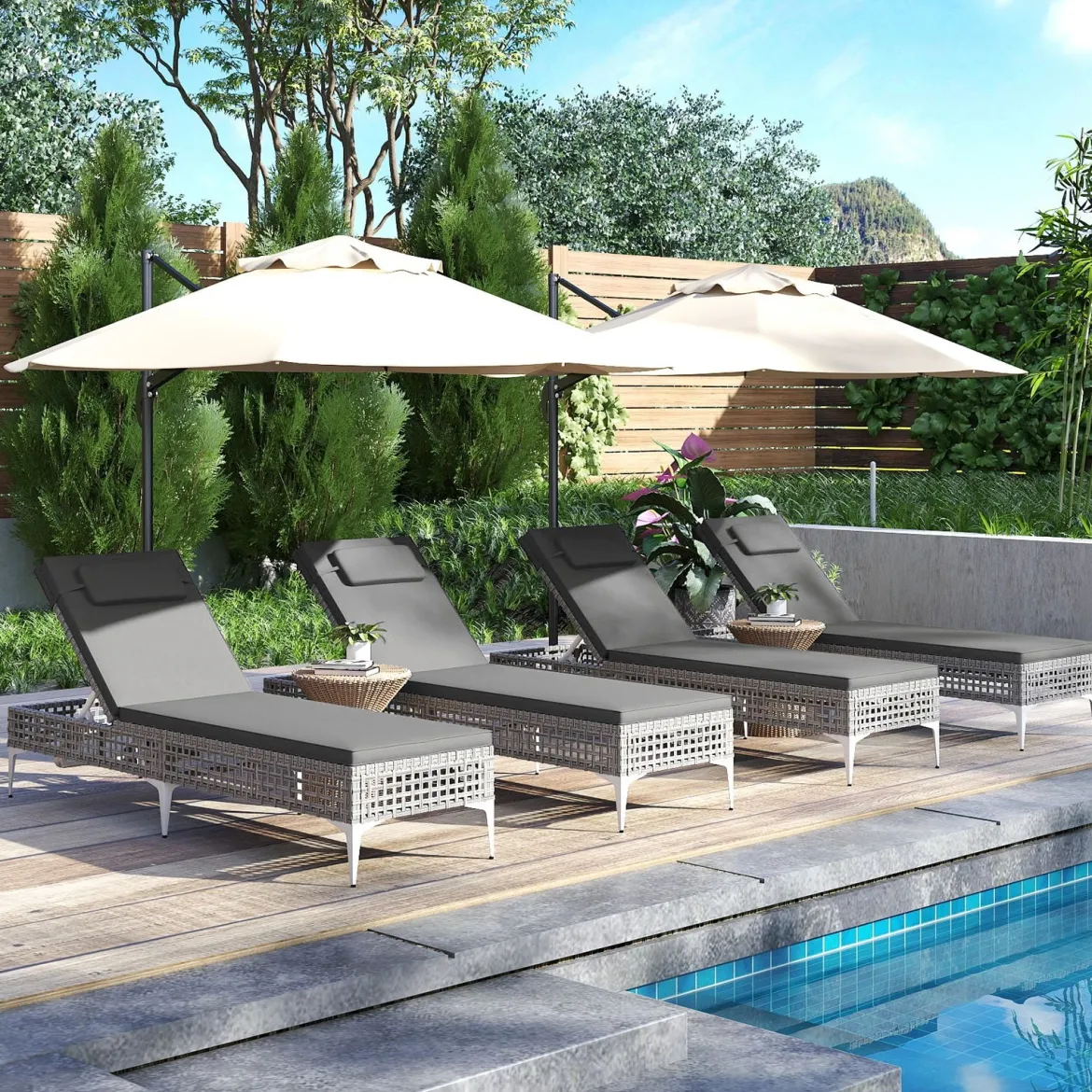 Rattan Sonnenliege Gartenliege mit Auflage & Kopfstütze & Verstellbarer Rückenlehne Balkonliege