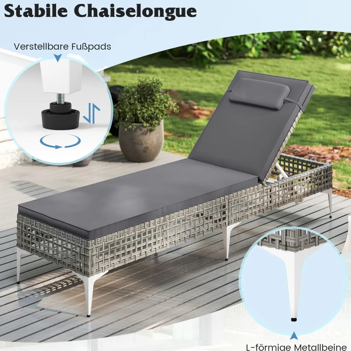 Rattan Sonnenliege Gartenliege mit Auflage & Kopfstütze & Verstellbarer Rückenlehne Balkonliege