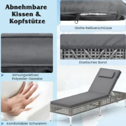 Rattan Sonnenliege Gartenliege mit Auflage & Kopfstütze & Verstellbarer Rückenlehne Balkonliege