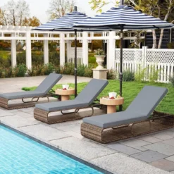Rattan Sonnenliege mit Auflage & Verstellbarer Rückenlehne Wetterfeste Balkonliege Beige/Grau/Kahki