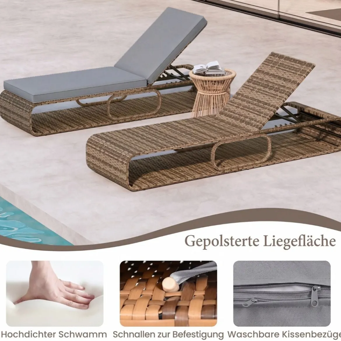 Rattan Sonnenliege mit Auflage & Verstellbarer Rückenlehne Wetterfeste Balkonliege Beige/Grau/Kahki