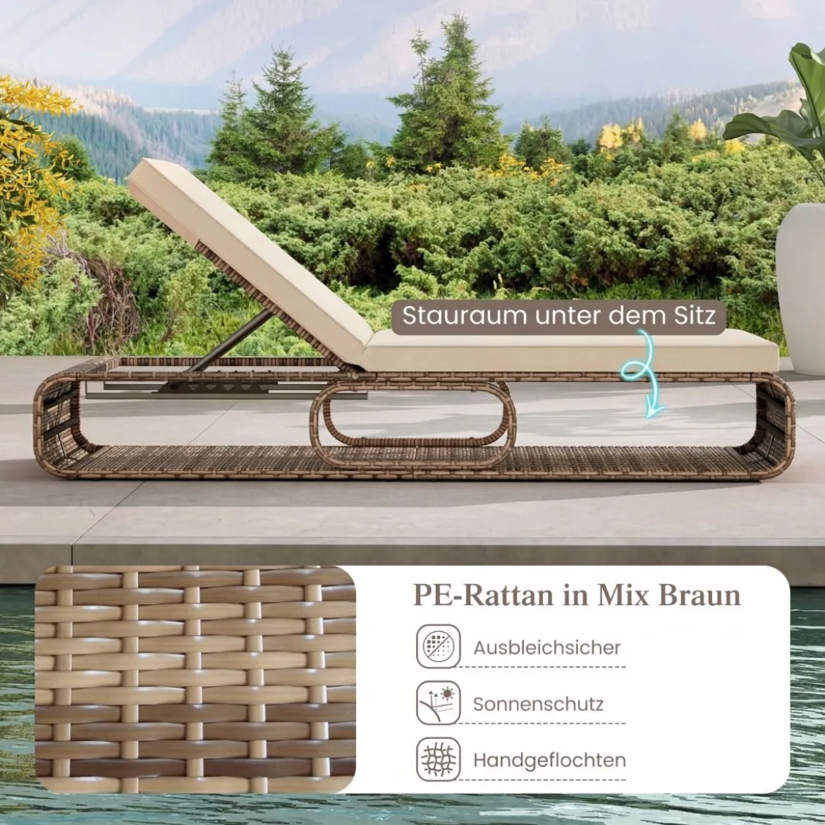 Rattan Sonnenliege mit Auflage & Verstellbarer Rückenlehne Wetterfeste Balkonliege Beige/Grau/Kahki
