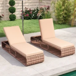 Rattan Sonnenliege mit Auflage & Verstellbarer Rückenlehne Wetterfeste Balkonliege Beige/Grau/Kahki