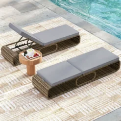 Rattan Sonnenliege mit Auflage & Verstellbarer Rückenlehne Wetterfeste Balkonliege Beige/Grau/Kahki