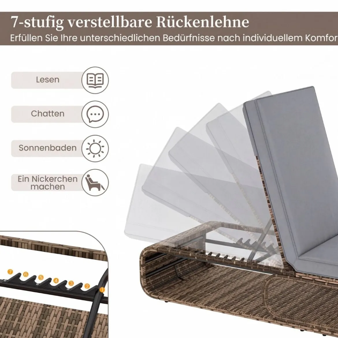 Rattan Sonnenliege mit Auflage & Verstellbarer Rückenlehne Wetterfeste Balkonliege Beige/Grau/Kahki