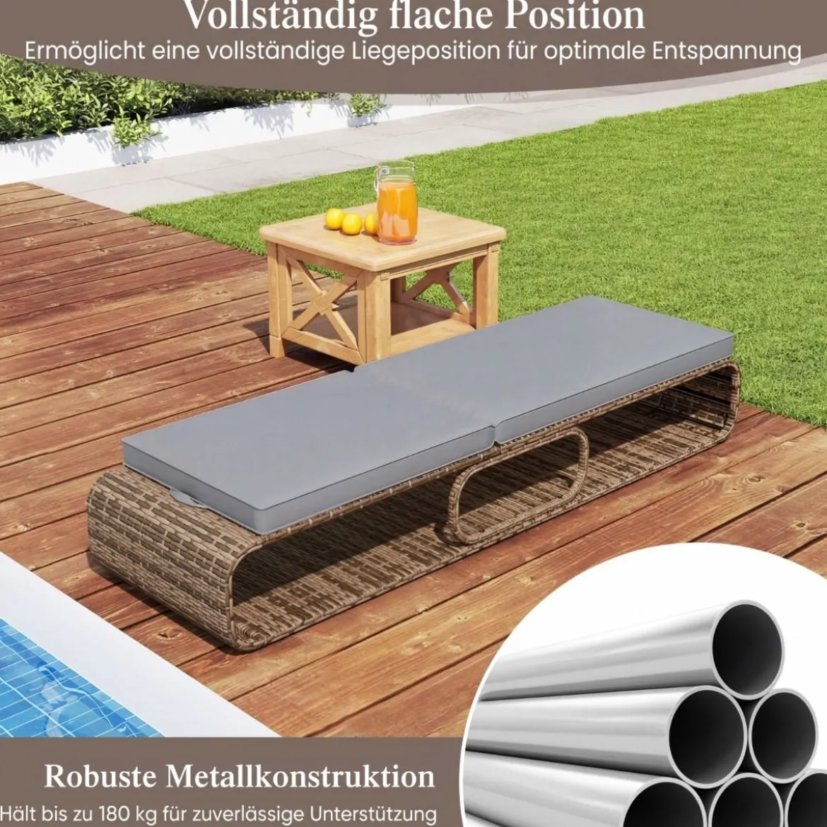 Rattan Sonnenliege mit Auflage & Verstellbarer Rückenlehne Wetterfeste Balkonliege Beige/Grau/Kahki