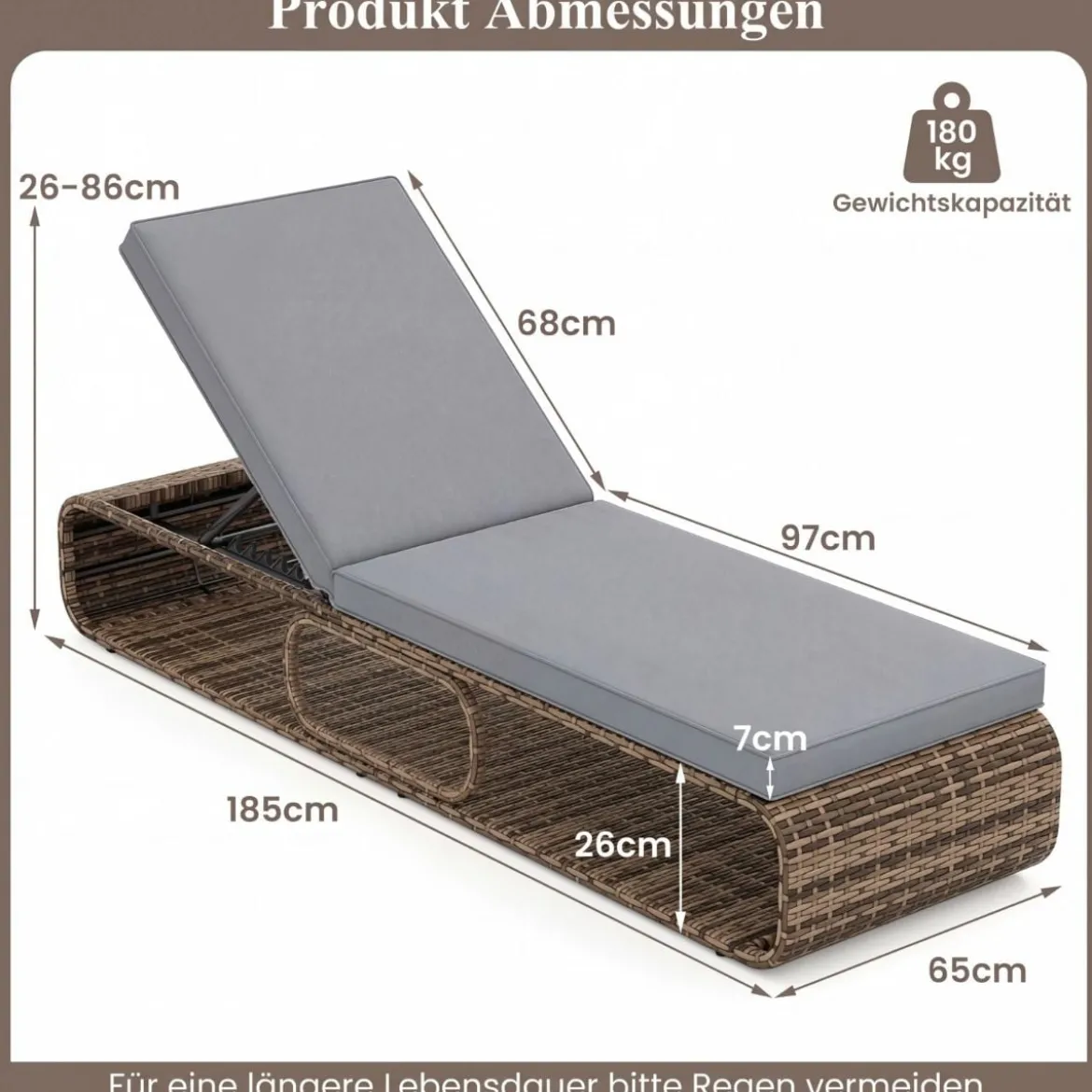 Rattan Sonnenliege mit Auflage & Verstellbarer Rückenlehne Wetterfeste Balkonliege Beige/Grau/Kahki