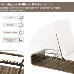 Rattan Sonnenliege mit Auflage & Verstellbarer Rückenlehne Wetterfeste Balkonliege Beige/Grau/Kahki