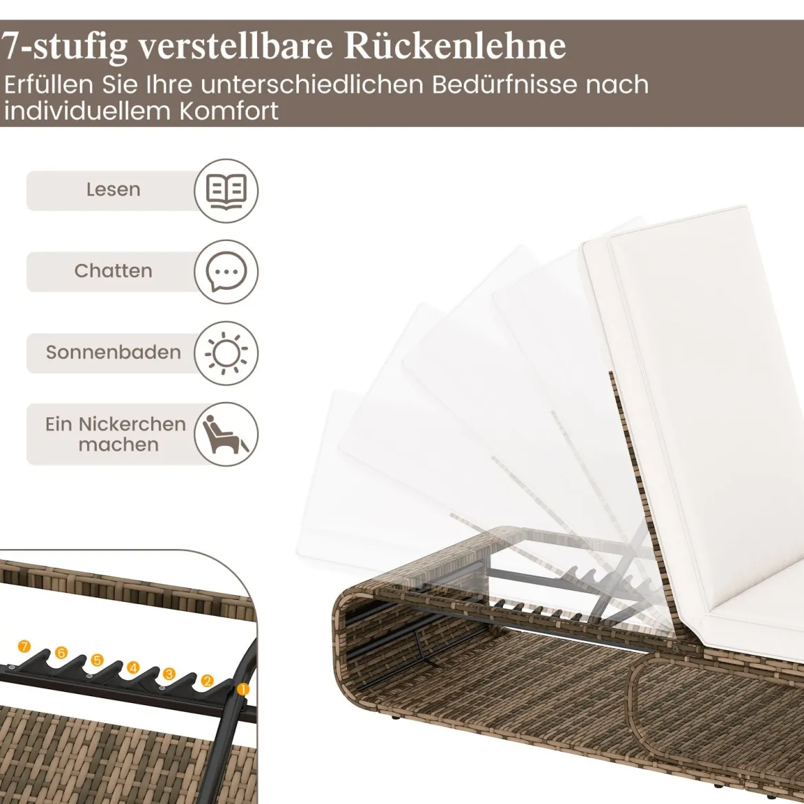 Rattan Sonnenliege mit Auflage & Verstellbarer Rückenlehne Wetterfeste Balkonliege Beige/Grau/Kahki