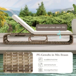 Rattan Sonnenliege mit Auflage & Verstellbarer Rückenlehne Wetterfeste Balkonliege Beige/Grau/Kahki