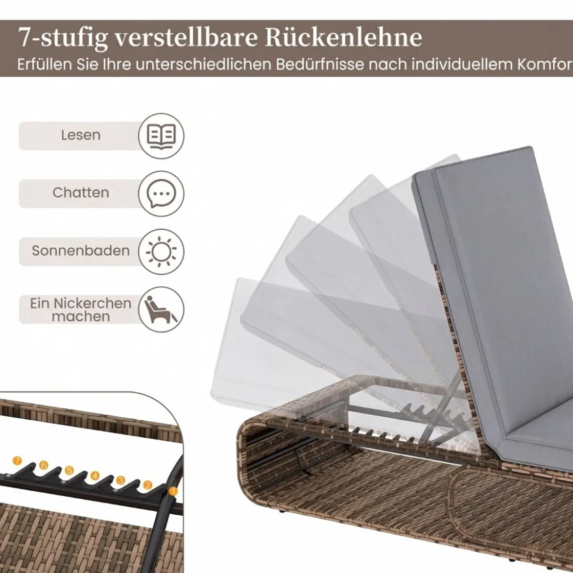 Rattan Sonnenliege mit Auflage & Verstellbarer Rückenlehne Wetterfeste Balkonliege Beige/Grau/Kahki