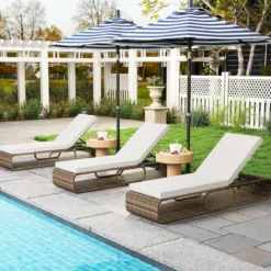 Rattan Sonnenliege mit Auflage & Verstellbarer Rückenlehne Wetterfeste Balkonliege Beige/Grau/Kahki