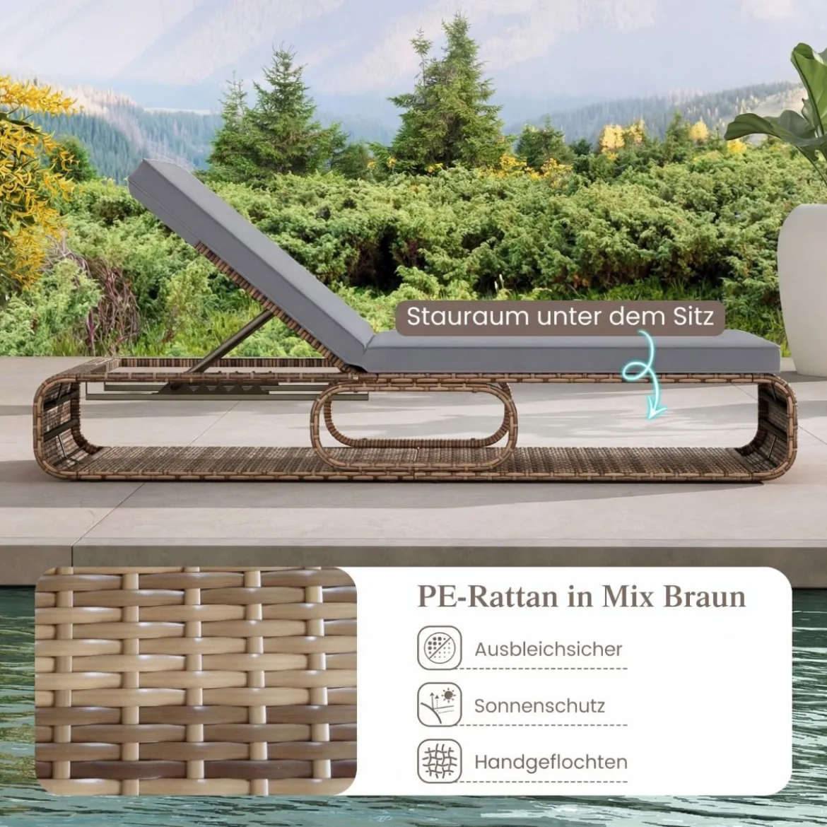 Rattan Sonnenliege mit Auflage & Verstellbarer Rückenlehne Wetterfeste Balkonliege Beige/Grau/Kahki