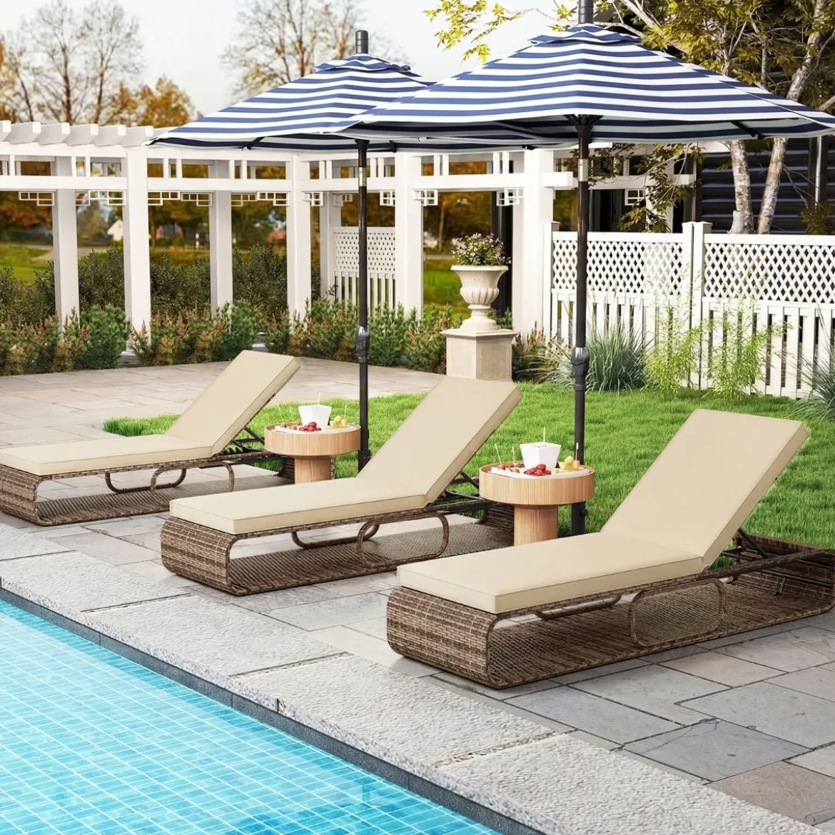 Rattan Sonnenliege mit Auflage & Verstellbarer Rückenlehne Wetterfeste Balkonliege Beige/Grau/Kahki