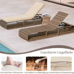 Rattan Sonnenliege mit Auflage & Verstellbarer Rückenlehne Wetterfeste Balkonliege Beige/Grau/Kahki