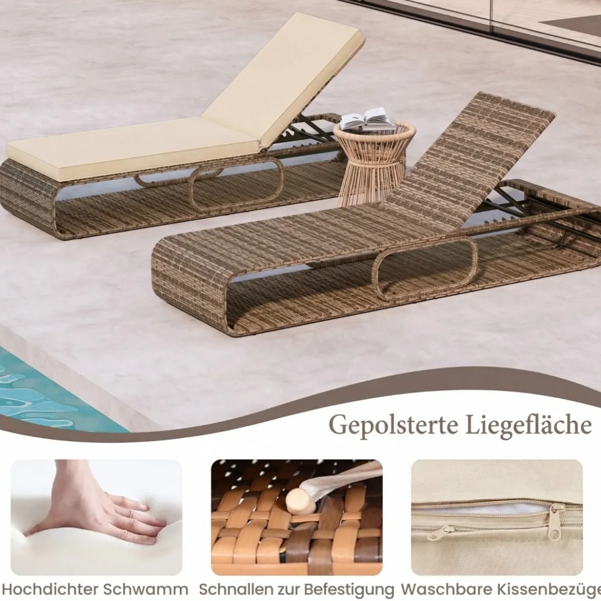 Rattan Sonnenliege mit Auflage & Verstellbarer Rückenlehne Wetterfeste Balkonliege Beige/Grau/Kahki
