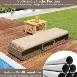 Rattan Sonnenliege mit Auflage & Verstellbarer Rückenlehne Wetterfeste Balkonliege Beige/Grau/Kahki