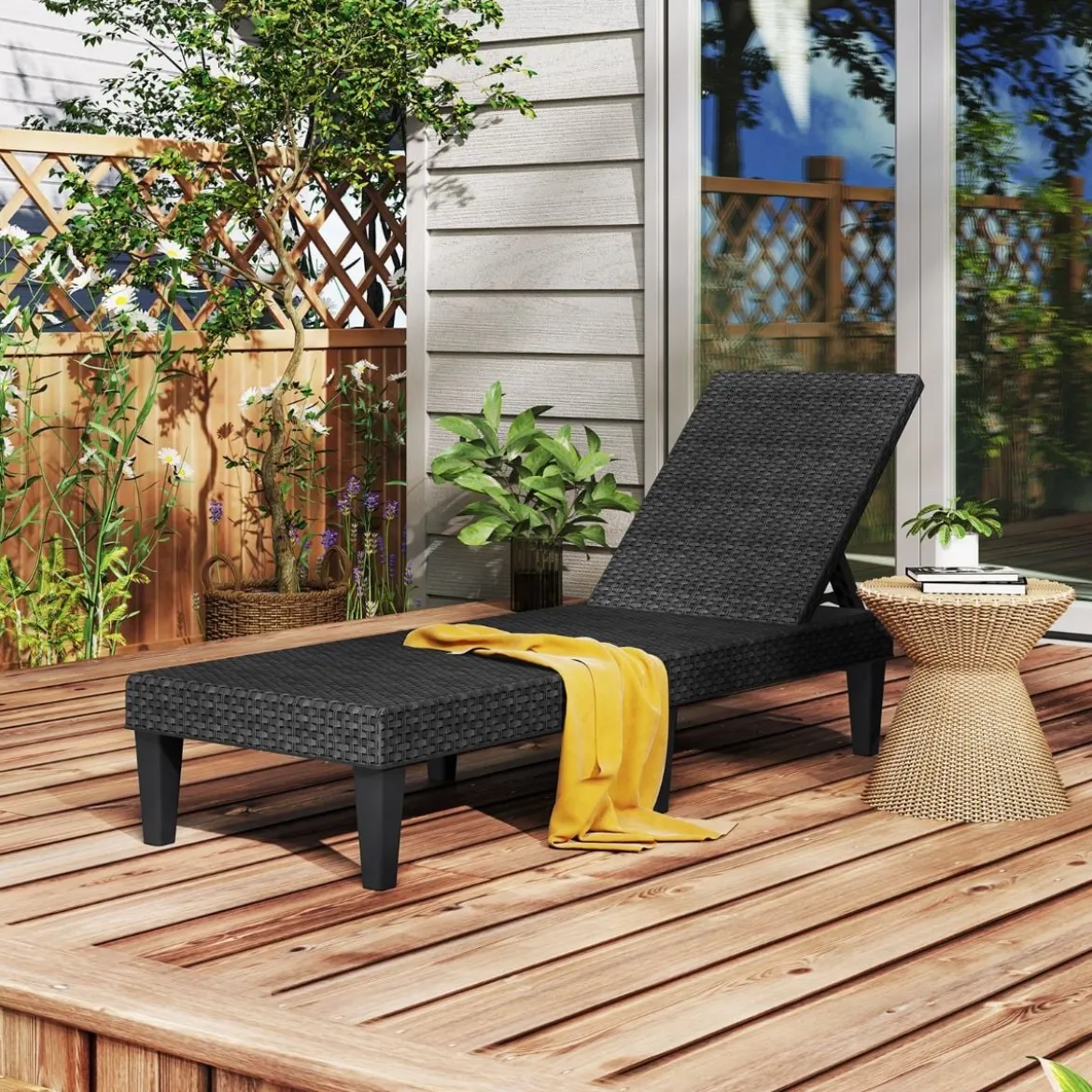 Rattan Sonnenliege mit Verstellbarer Rückenlehne bis 150 kg Belastbar Wetterfeste Gartenliege