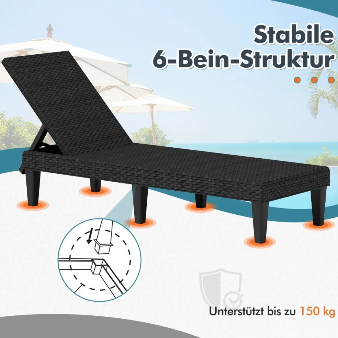 Rattan Sonnenliege mit Verstellbarer Rückenlehne bis 150 kg Belastbar Wetterfeste Gartenliege