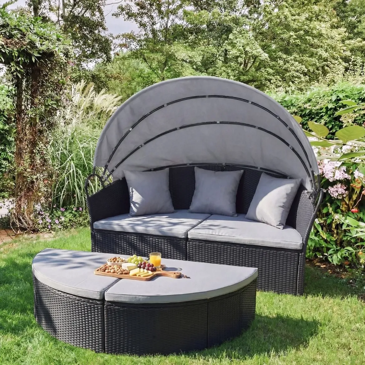 Rattan Sonnenliege rund 2-3 Personen Gartenliege mit Sitzkissen & Rückenkissen & einziehbarem Baldachin Grau