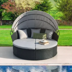 Rattan Sonnenliege rund 2-3 Personen Gartenliege mit Sitzkissen & Rückenkissen & einziehbarem Baldachin Grau