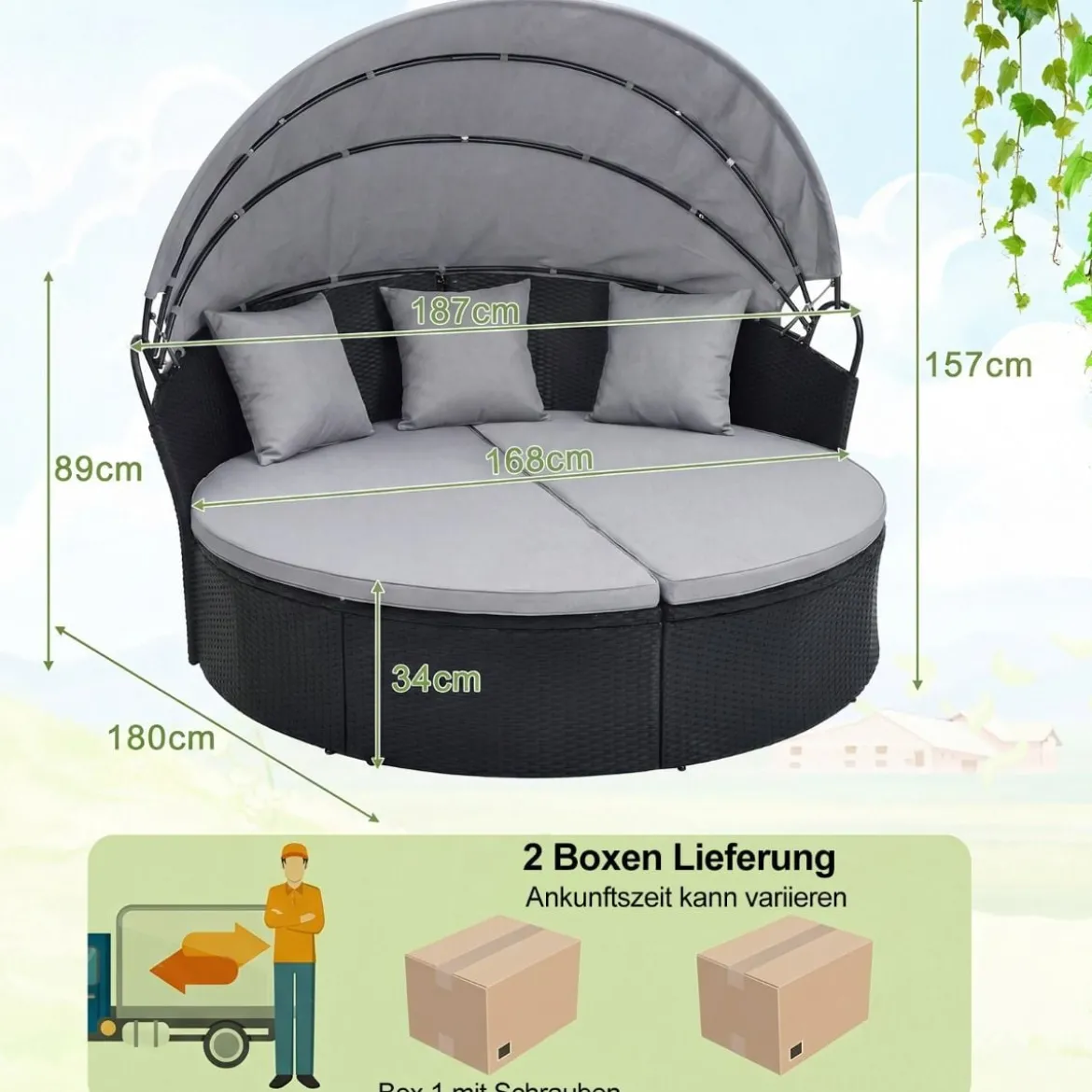 Rattan Sonnenliege rund 2-3 Personen Gartenliege mit Sitzkissen & Rückenkissen & einziehbarem Baldachin Grau
