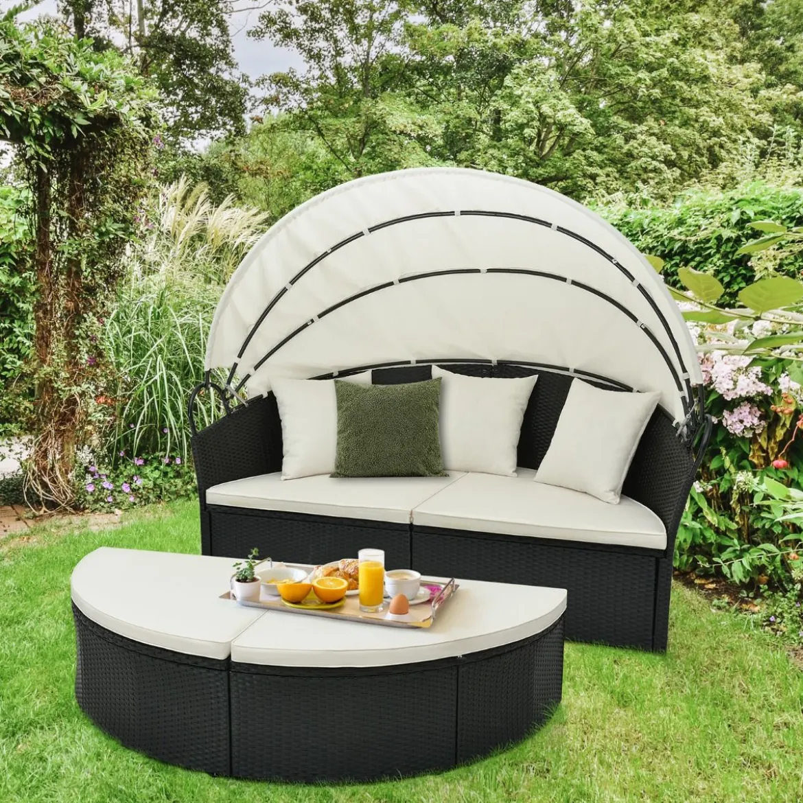 Rattan Sonnenliege rund 2-3 Personen Gartenliege mit Sitzkissen & Rückenkissen & einziehbarem Baldachin