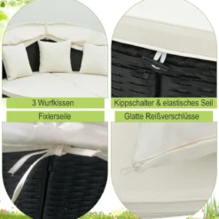 Rattan Sonnenliege rund 2-3 Personen Gartenliege mit Sitzkissen & Rückenkissen & einziehbarem Baldachin