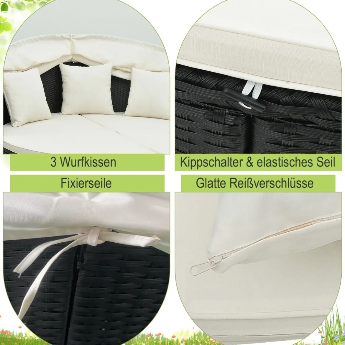 Rattan Sonnenliege rund 2-3 Personen Gartenliege mit Sitzkissen & Rückenkissen & einziehbarem Baldachin