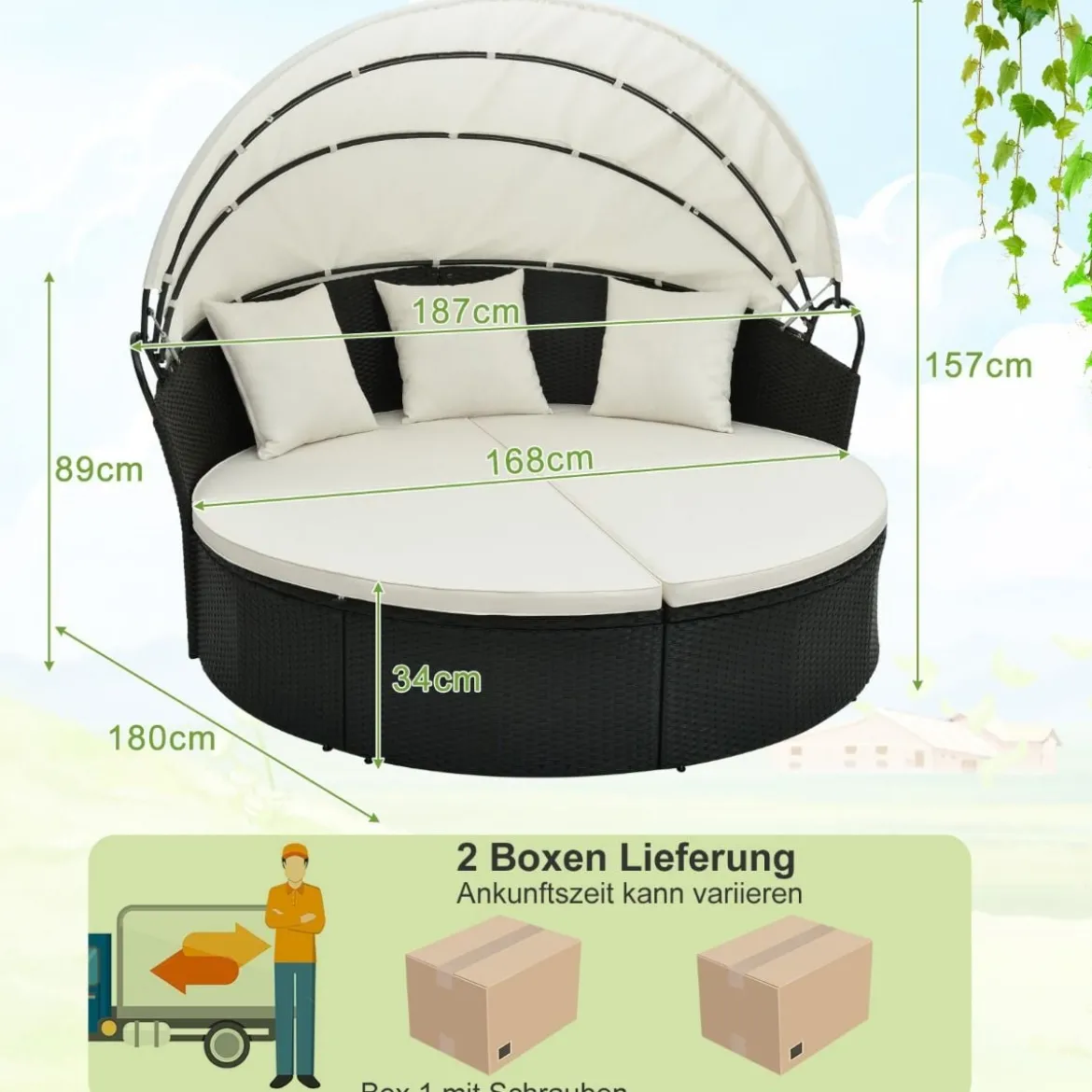 Rattan Sonnenliege rund 2-3 Personen Gartenliege mit Sitzkissen & Rückenkissen & einziehbarem Baldachin