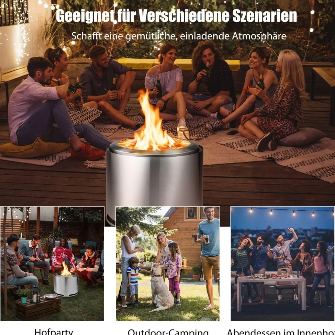 Rauchfreie Feuerstelle Lagerfeuerofen aus 304 Edelstahl 47 x 47 x 36 cm Silber