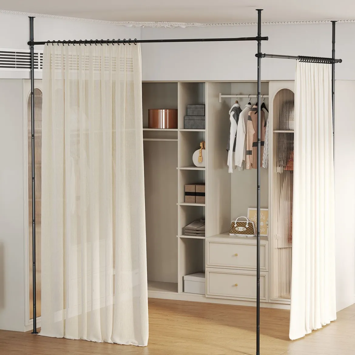 Raumteiler Gardinenstange Verstellbare Raumtrennende Vorhangstange 120-314cm(H) 73-360cm(B) Schwarz