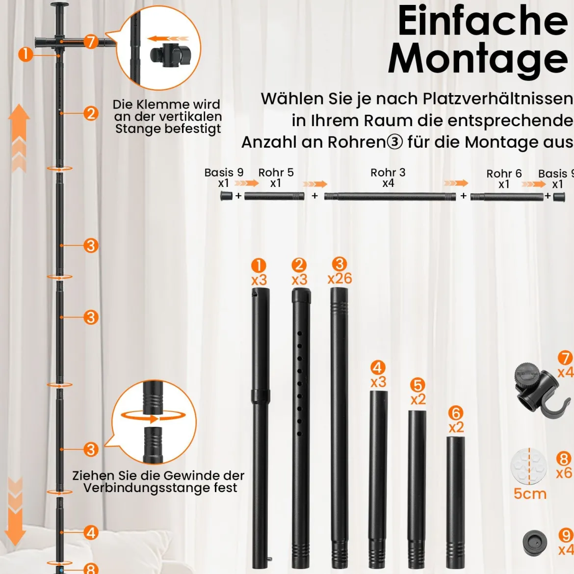 Raumteiler Gardinenstange Verstellbare Raumtrennende Vorhangstange 120-314cm(H) 73-360cm(B) Schwarz