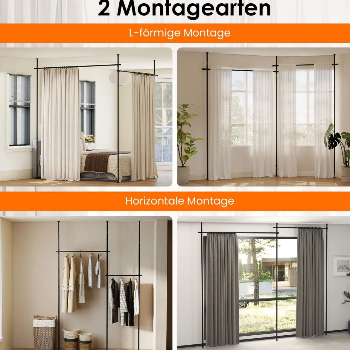 Raumteiler Gardinenstange Verstellbare Raumtrennende Vorhangstange 120-314cm(H) 73-360cm(B) Schwarz