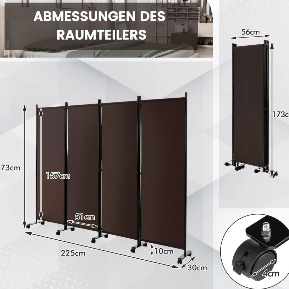 Raumteiler mit 4 Paneelen auf Rädern 173 cm Hoher Rollbarer Sichtschutz Braun